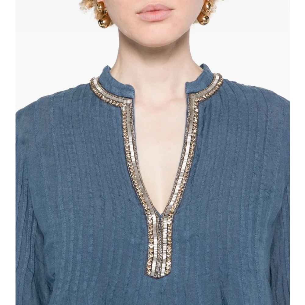 120%‎ Lino Navy Beaded Linen Blouse Split Neck US 8 - Picture 13 of 14